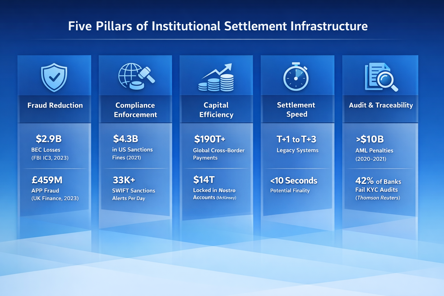 Five Pillars of Settlement Integrity - Fraud Reduction, Compliance Enforcement, Capital Efficiency, Settlement Speed, Audit and Traceability